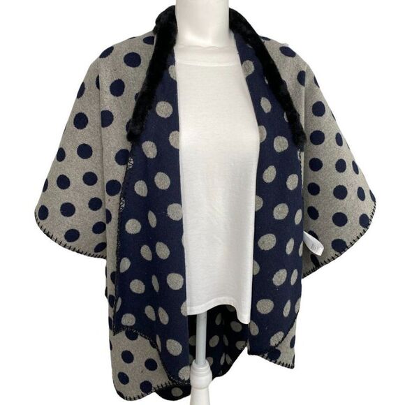 LOFT Cardigan Wrap Women's MEDIUM Blue Gray Polka Dots Faux-Fur‎ Collar Draped - Picture 2 of 5